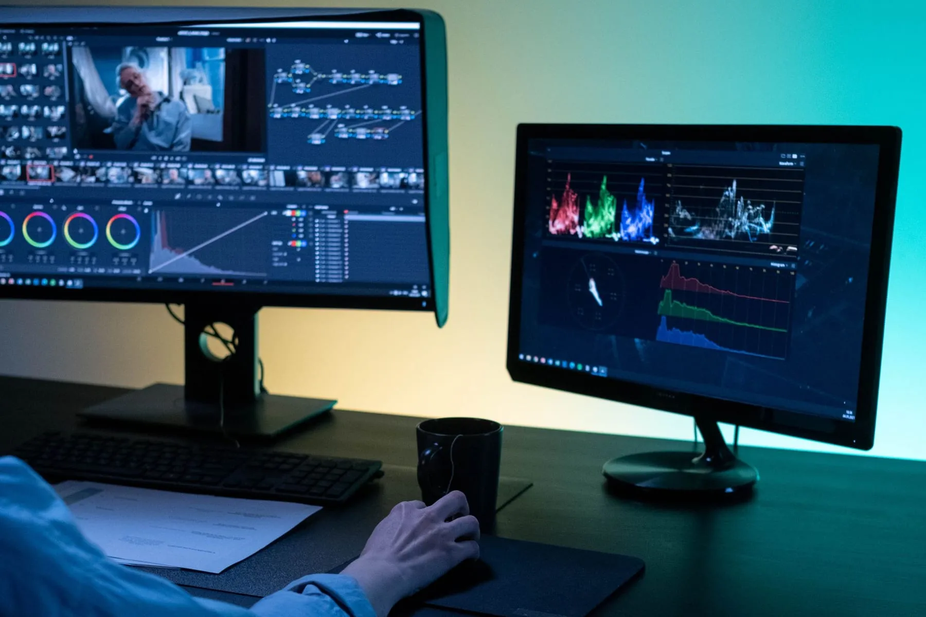 Editor de vídeo trabalhando em dois monitores com a linha do tempo aberta